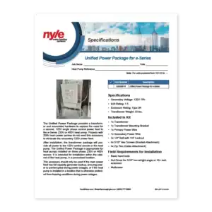 Product specification sheet for the nyle unified power package for site series, featuring details on features, dimensions, and electrical requirements.