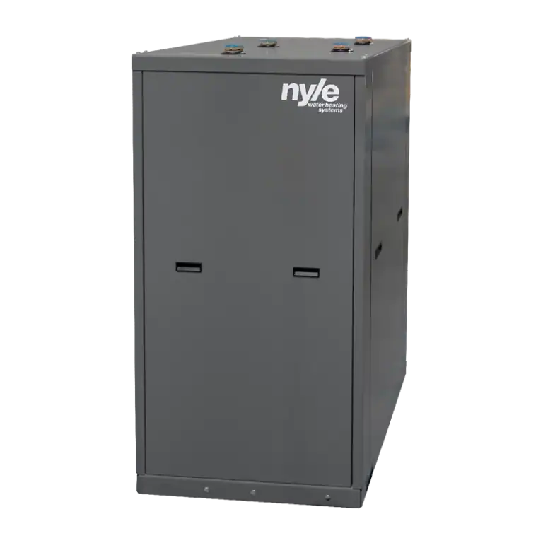 The back of a Nyle C270WM water source heat pump water heater showing the water connections at the top.