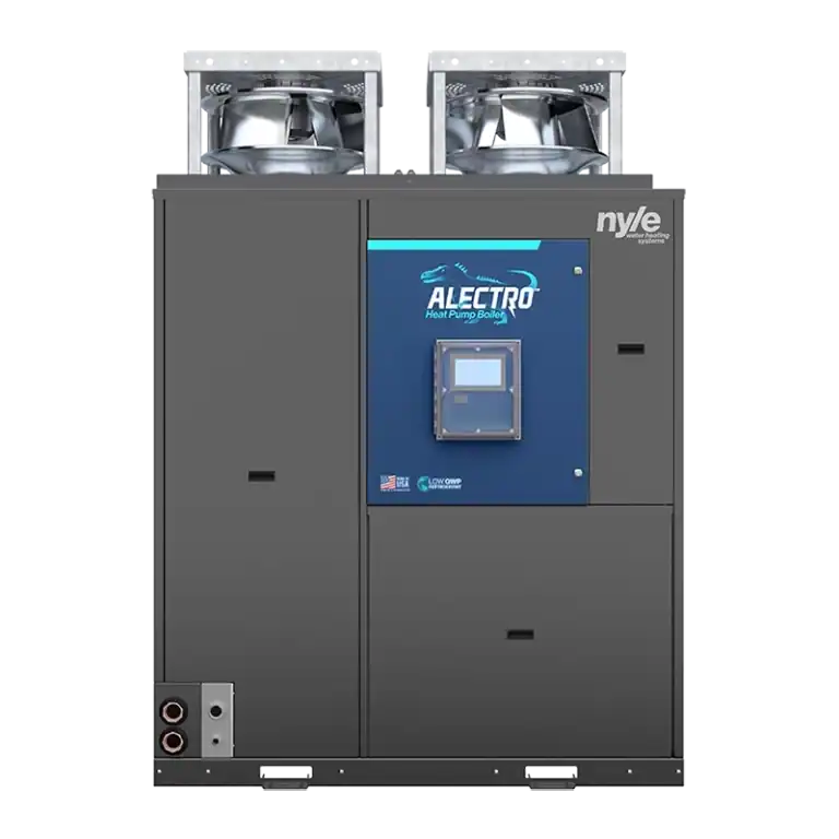 High-efficiency Nyle water heating system with advanced electro heat pump boiler technology.
