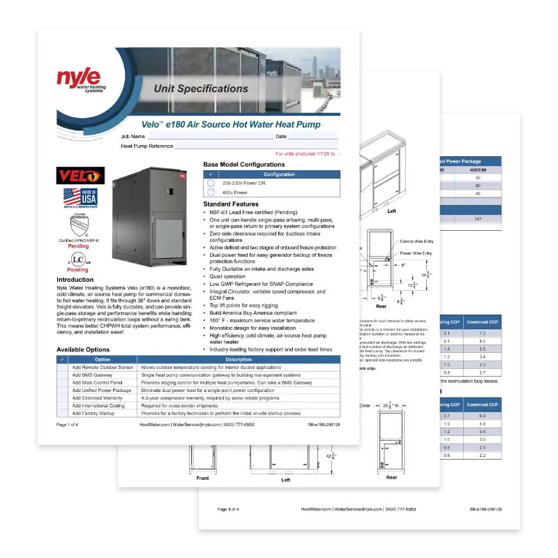High-efficiency Nyle water heating systems with air source heat pumps and advanced configurations.